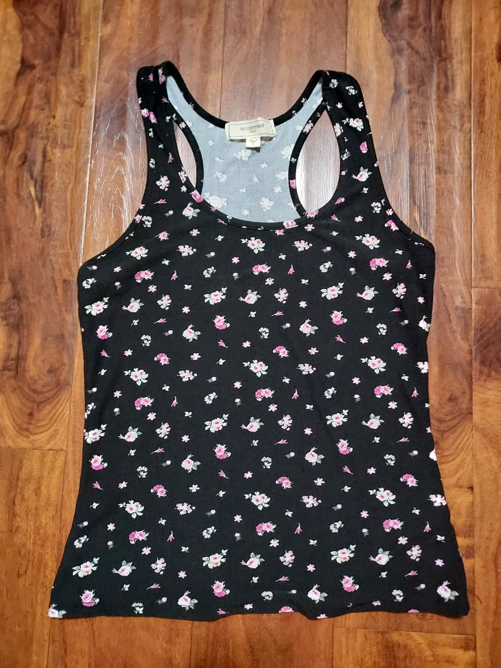 No Comment Floral Racerback Tank Top - Black with Pink Floral Print